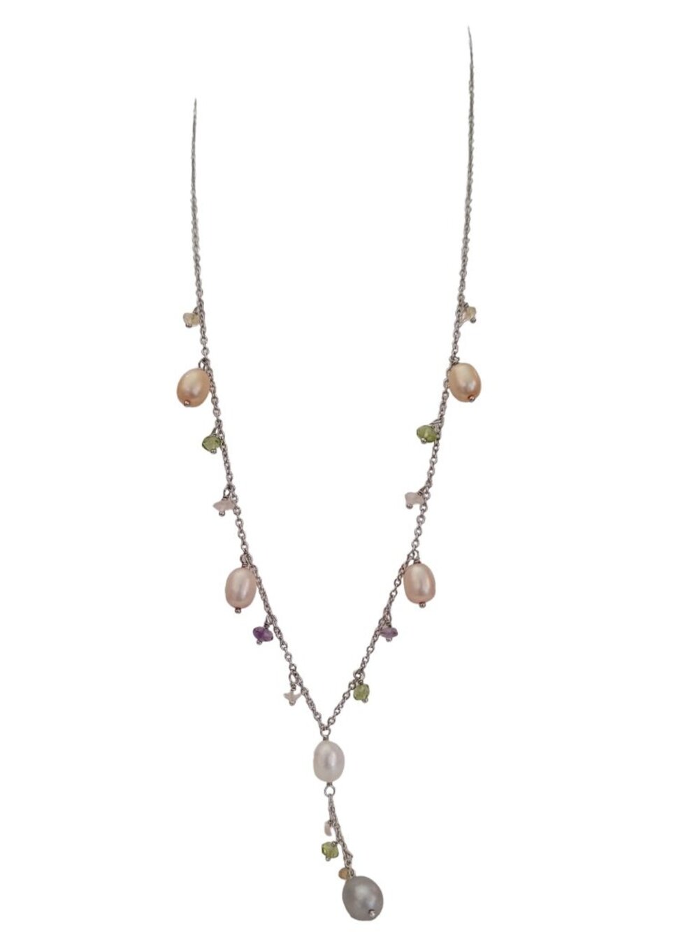 Sterling Silver Tourmaline, Quartz Pearl Pendant Dangle Necklace 18” Long, K855